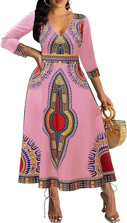 African Dress for Women Print Maxi Dress Sexy V Neck Dashiki Party Dresses Elegant Bohemian Long Sleeve Prom Attire Flowy Cocktail Tropical Vintage Outfits (L)