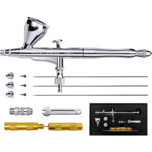 SprayMagic Airbrush Kit, Dual-Action Airbrush Gun with 0.2/0.3/0.5mm Needle Nozzel Sets and Gravity Feed Fluid Cup, Air Brush Gun for Nail Paint Makeup Barber Cake Decorating Model Car Tattoo Silver