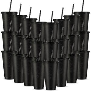 Amyhill 24 Pcs Reusable Cups with Lids and Straws 24 oz Glitter Iced Coffee Tumbler Plastic Travel Mug Cup for Smoothie Juices Birthday Sleepover Party Supplies for Girls(Black)