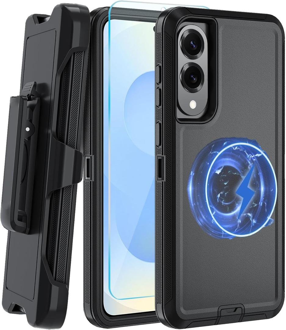 for Samsung S25 Edge Case [Compatible with MagSafe] with HD Tempered Glass Screen Protector, for Galaxy S25 Edge Heavy Duty Shockproof Protection Rugged Phone Cover(with Belt Clip-Black-MAG)