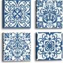 the stream design Boho Mandala Canvas Wall Art: Vintage Navy Blue Flower Picture Painting Print Artwork 4 Piece Bathroom Living Room Bedroom Decor 12x12 Inch