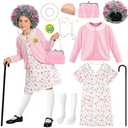 Old Lady Costume for Kids, 100 Days of School Costume for Girls, 100th day of School Granny Grandma Dress Up Costume Outfit, Old Lady Cosplay Set with Old Lady Dress and Wig for Gilrs 8-10