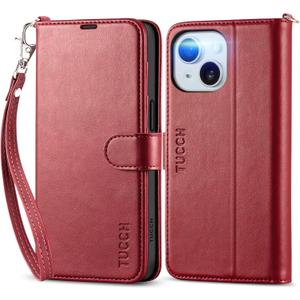 TUCCH Wallet Case for iPhone 15 with [Wrist Strap], Magnetic Closure RFID Blocking 4 Card Slot, Stand Shockproof TPU Shell PU Leather Folio Compatible with iPhone 15 6.1" 2023, Dark Red with Wristlet