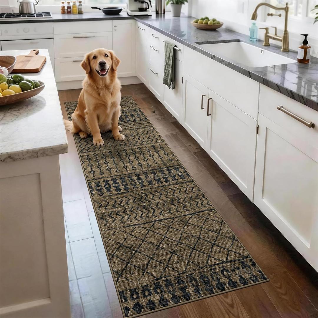2x6 Machine Washable Runner Rug, Kitchen Hallway Area Rug Brown Black Vintage Moroccan Rug Ultra Non-Slip Low Pile Soft Faux Wool Carpet Kids and Pets Friendly for Bedroom Entryway Bedside Decor Rug