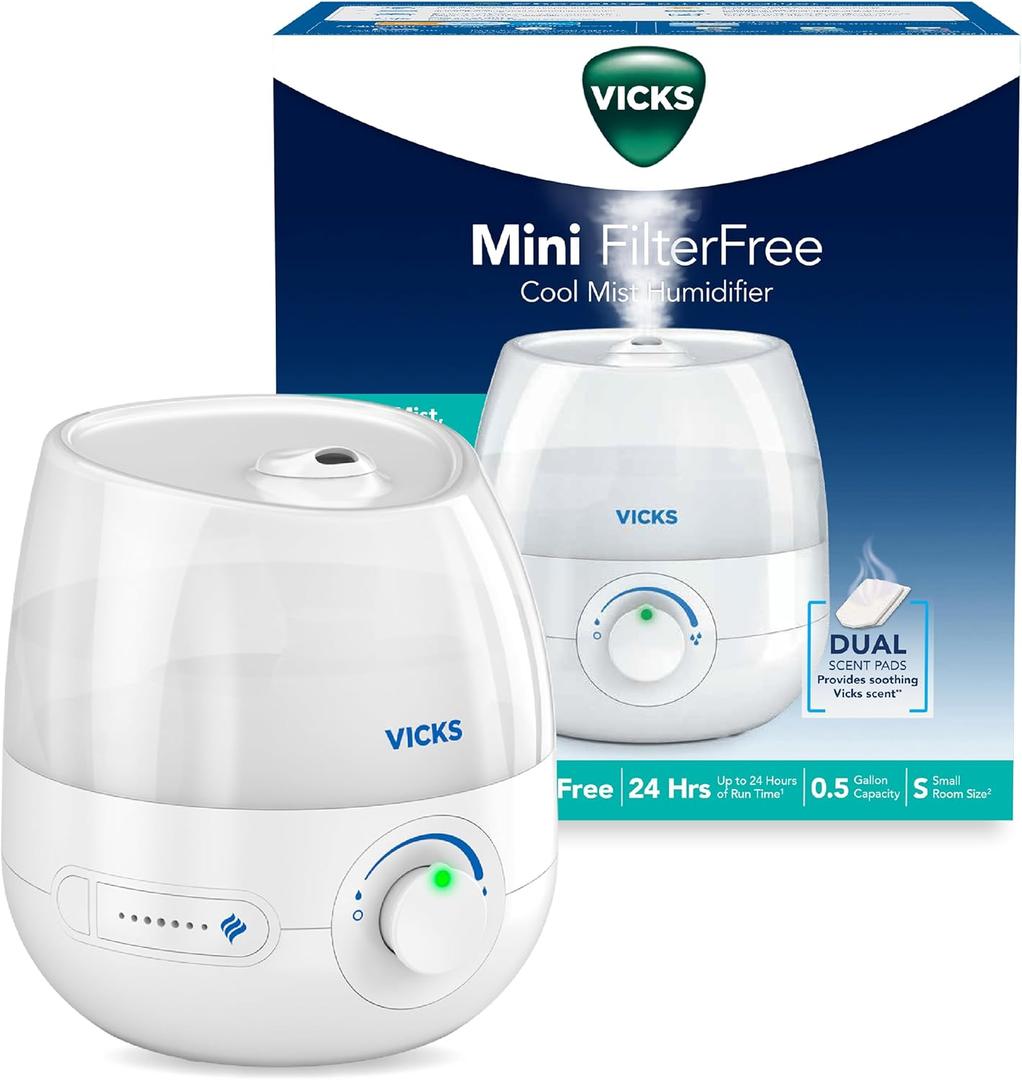 Vicks Mini Filter Free Cool Mist Humidifier, Small Room  Variable Mist Control  Works with Vicks VapoPads