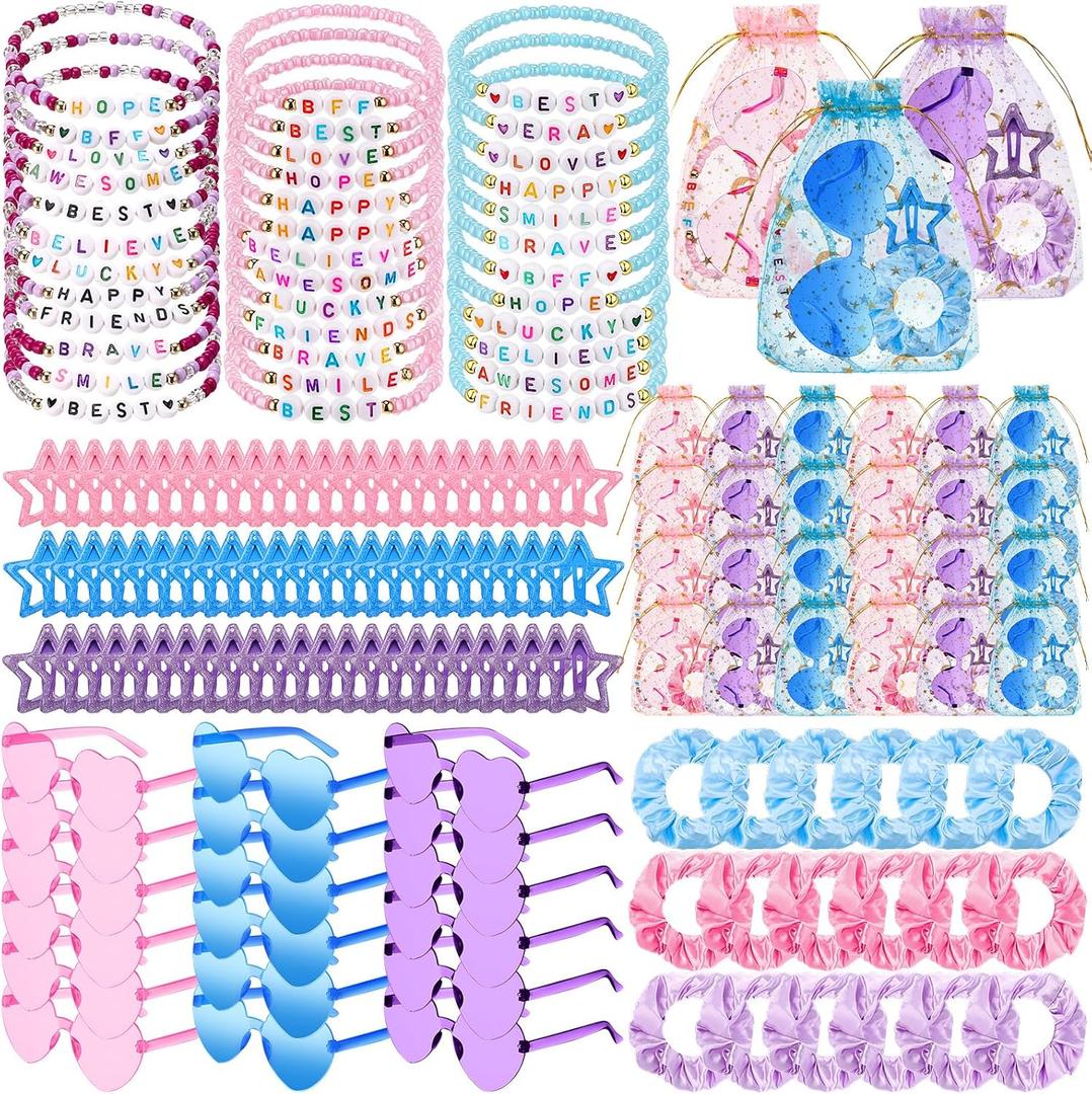 Quelay 162 Pcs/18 Sets Kpop Party Favors Friendship Gifts Includes Scrunchies Hair Clips Bead Bracelets Sunglasses Organza Gift Bags for Popular Singer Party Favors Y2k Fans Birthday(Heart)