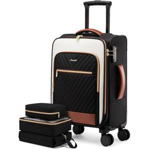 LOVEVOOK Carry On Luggage 22x14x9 Airline Approved,20 Inch Carry-on Suitcase for Women,Softside Suitcases with Wheels,Rolling Checked Luggage with TSA Lock,Lightweight Travel (Black/White/Brown)