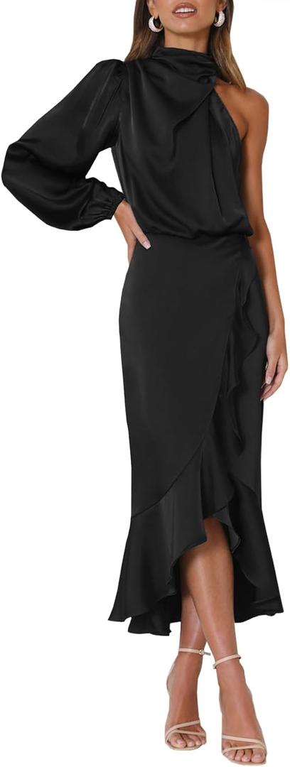 MITILLY Women's Satin Formal One-Shoulder Mock Neck Long Sleeve Bodycon Wrap Mermaid Hem Cocktail Party Maxi Dress New (Medium, Black)