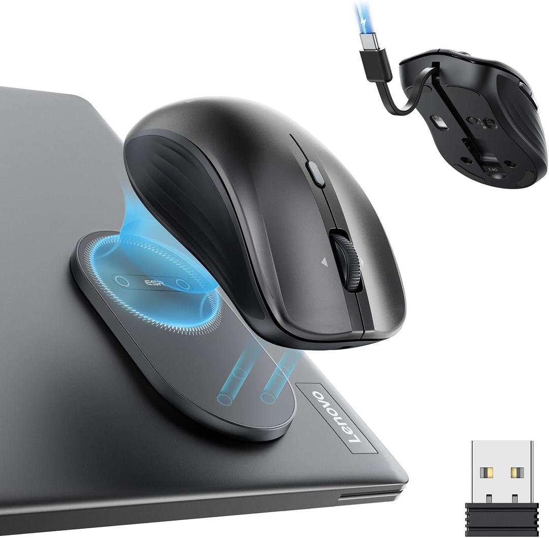 ESR MagMouse Snap-to-Carry Bluetooth Mouse, Rechargeable Wireless Mouse for Laptop with Built-in Charging Cable, Reusable Adhesive Holder, BT 5.0 + 2.4 GHz Connectivity, Silent, Ergonomic, Black