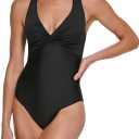 Calvin Klein womens V-neckline Shirred Front Strappy Back Ring Detail One Piece (16, Black)
