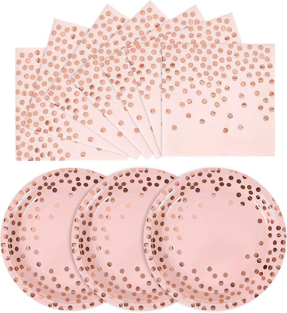 CENLBJ Pink and Rose Gold Paper Plates-50 Pack- 25 * 7inch Paper Plates & 25 * 6.5inch Napkins,Pink Plates and Napkins Party Supplies for Birthdays,Baby Showers and All Occasions