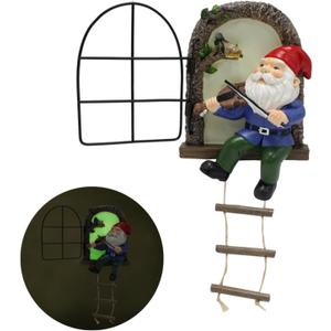 Garden Gnome Window Statue for Trees and Wall, Dwarf Playing Violin Luminous Fairy Garden Miniature Accessories, Glow in The Dark Art Sculpture, Tree Faces Gnomes Decorations Outdoor