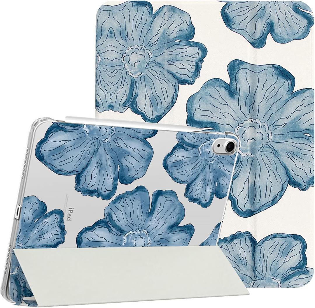 Compatible for iPad Air 6th 11-inch M2 (2024),iPad Air 5/4 (2022/2020 5th/4th Generation 10.9-Inch) Case with Pencil Holder Cute Floral Soft TPU Trifold Stand Protective-Blue Flower