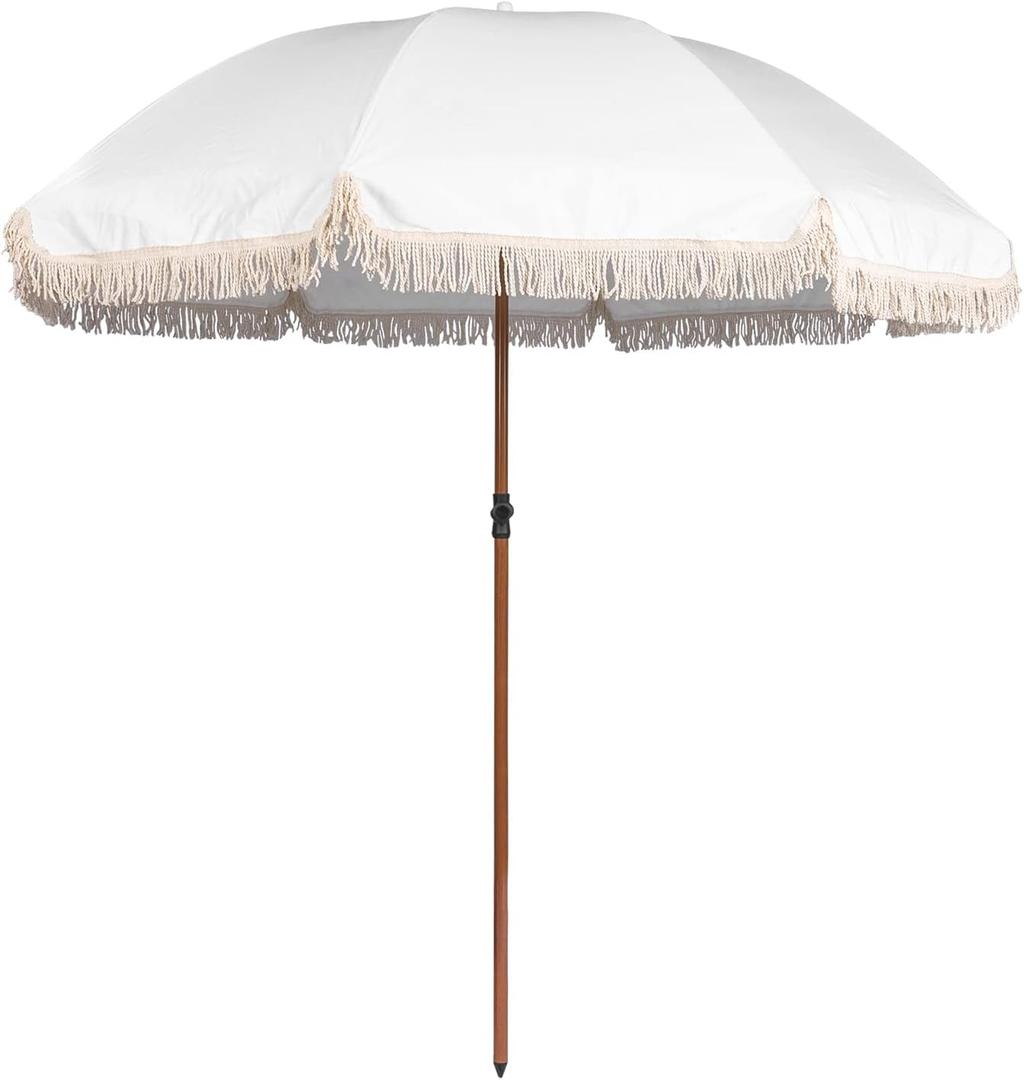7.5Ft Patio Beach Umbrella with Fringe & Tassel, UPF50+ Push Button Tilt & Crank, Ideal for Garden, Lawn, Deck, Yard & Pool (White)