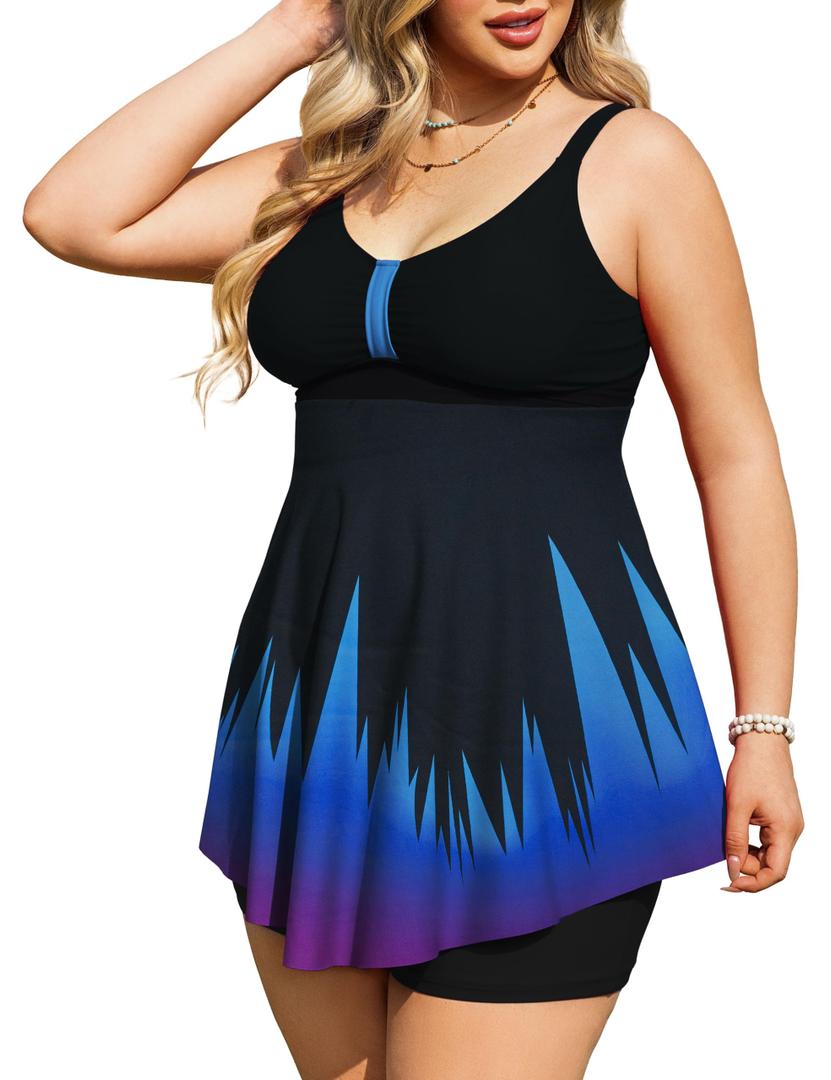 Tralilbee Women's Plus Size Tankini Swimsuits Swim Dress One Piece Floral Bathing Suit with Shorts, Multi Palm, 3X