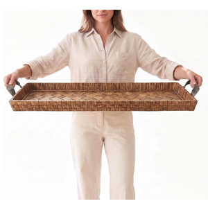 38" Extra Large Handwoven Decorative Tray with Handles | Handwoven Tray with a Sturdy Wood Base, Ideal for Dining Table Centerpieces, Console Tables and Stylish Home Decor pieces are chipped