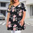 Plus Size Floral Print Tunic Top for Women Short Sleeve Loose Casual Blouse Comfortable Summer T-Shirt XXL
