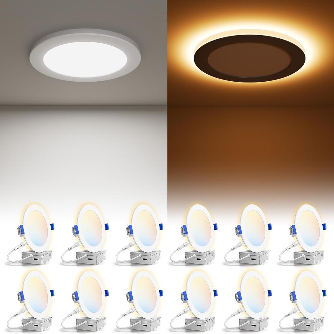 VOLISUN 12 Pack 6 Inch 5CCT Recessed Light with Night Light,Canless LED Recessed Lighting 6 inch,2700K-5000K Selectable,12W=130W,1080LM Dimmable Recessed Ceiling Wafer Lighs,ETL Certificated (White)