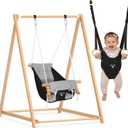 2-in-1 Baby Jumper & Swing, Montessori Wooden Toddler Swing Set with Stand for Indoor/Outdoor, Baby Bouncer Jumper & Hammock Swing with 5-Point Harness, Suitable for Children Ages Up to 3 Yrs
