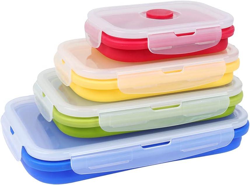 Set of 4 Collapsible Foldable Silicone Food Storage Container, Leftover Meal Box With Airtight Plastic Lids For Kitchen, Bento Lunch Boxes-Microwave, Dishwasher and Freezer Safe (Red, Yellow, Green, Blue)