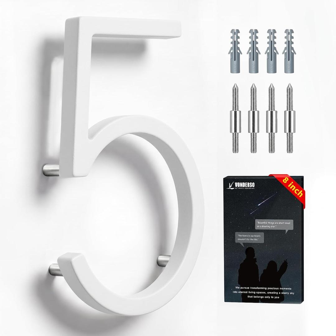 VONDERSO 8 Inch Large House Numbers for Outside, Zinc Alloy Address Numbers with Durable Stain-Resistant White Stone Powder Coating, Heavy-Duty Door Numbers for Home or Business (Number 5,Matte White)