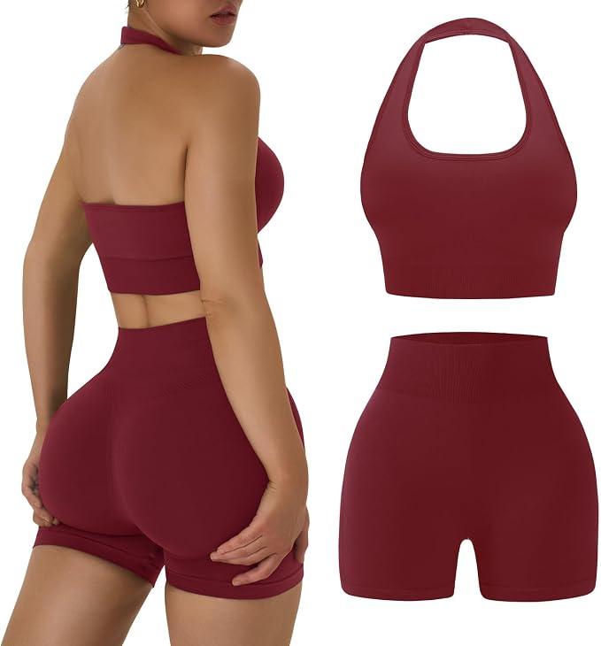 Womens Workout Sets 2 Piece Halter Sports Bra Scrunch Butt Shorts
 - XL