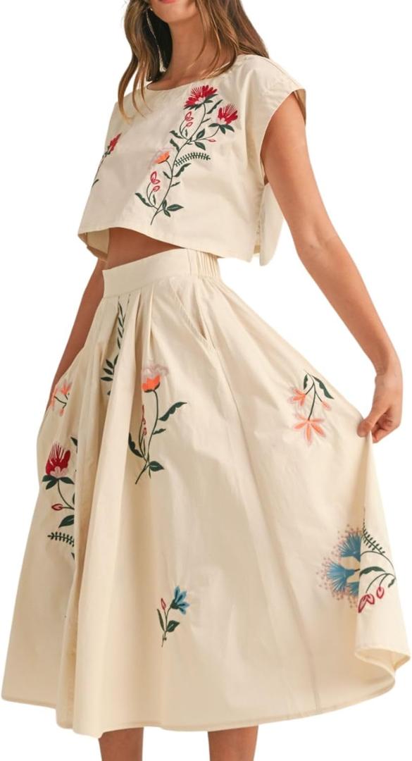 Women Floral Embroidery Dress Sleeveless 2 Piece Tank Top and Skirt Loose Fit Boho Dress (Medium, White)