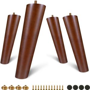 FoDau770 Brown Rubber Wood Furniture Legs 9 Inches, Slant Tapered Wood Feet Mid Century Sofa Legs Set of 4, 5/16" UNC Furniture Feet Replacement Parts for Cabinet Couch Dresser Chair Ottoman Table