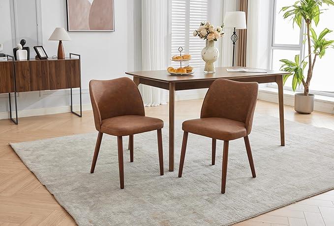 GarveeHome Leather Dining Chairs Set of 2 Upholstered PU Dining Chair with Wood Legs, Wing Backrest, Wooden Kitchen Chairs with Thick Cushions, Leveling Feet for Dining Room, Living Room, Brown