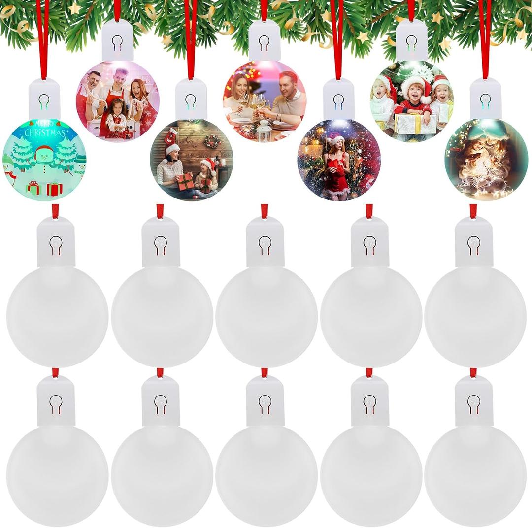 10 Pcs Christmas Sublimation Ornament Blanks Light up Acrylic LED White Pendants Ornaments Bulk for Heat Press Printing Xmas Tree DIY Handmade Crafts Party Decorations Supplies (Round)