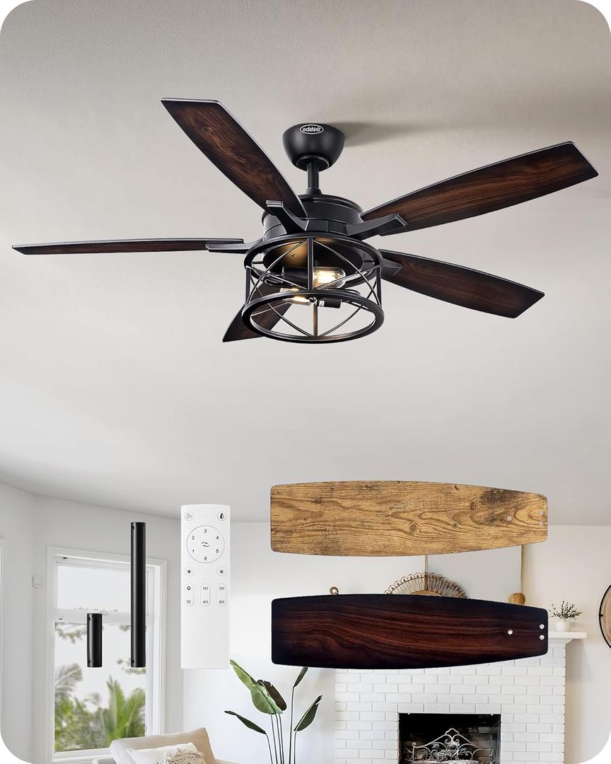 EDISHINE 52 Inch Farmhouse Ceiling Fans with Lights, Remote Control, 5 Wooden Blades, Dimmable, Timer, 6 Speeds Reversible DC Motor, Rustic Lighting & Ceiling Fan for Bedroom Living Room, UL Listed (Red Gradient Black& Light Oka)