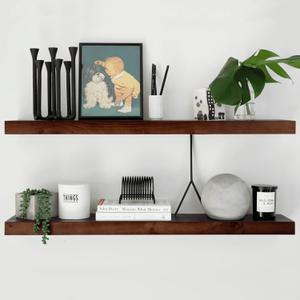 Homeforia Walnut 36 inch Floating Shelf, High End Solid Real Wood 36inch Large Shelves for Bathroom Wall, Dark Brown 36 inches Long Floating Shelves, Heavy Duty Bracket, 36 X 6.5 X 1.75 inch, Set of 2 (American Walnut - Satin Dark Tone)