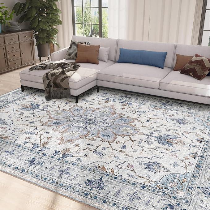 Area Rugs 8ftx10ft Washable Non-Slip, Floral Vintage Distress Print Pattern Medallion Carpet for Living Room Bedroom Dining Room, Blue Navy Beige Gray