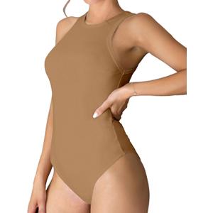 MANGDIUP Womens Basic Sleeveless Crewneck Bodysuits Slim Fit Stretch Cotton Tank Tops Halter Jumpsuits (XX-Large, Khaki)