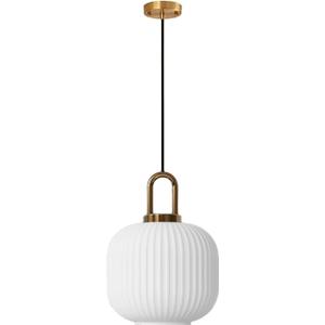 Brikey White Glass Pendant Light with Brass Gold Base, White Ceiling Light Hanging Lamp for Bedside Dining Table Kitchen Island (7.8 inch, White)