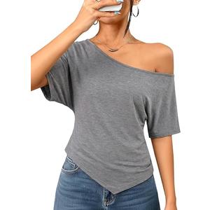 LilyCoco Womens Off The Shoulder Tops Asymmetrical T Shirts Grey X-Large