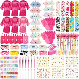 Suhine 6 Sets Girls Spa Birthady Party Supplies Birthday Print Satin Robe Tote Bags Spa Kit Nail Salon Kit (Cute Color)