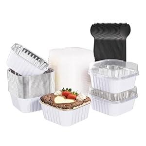 Ksmxos 25 Pack Square Mini Cake Pans with Lids, Mini Loaf Pans with Lids, Aluminum Foil Baking Cups, Disposable Ramekins Cupcake Cups, Dessert Cups for Wedding Birthday Party Picnics, 5oz (White)