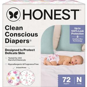 The Honest Company Comfort Dry Disposable Diapers for Sensitive Skin, Hypoallergenic, Rose Blossom + Tutu Cute, Club Box Size Newborn 72 Count