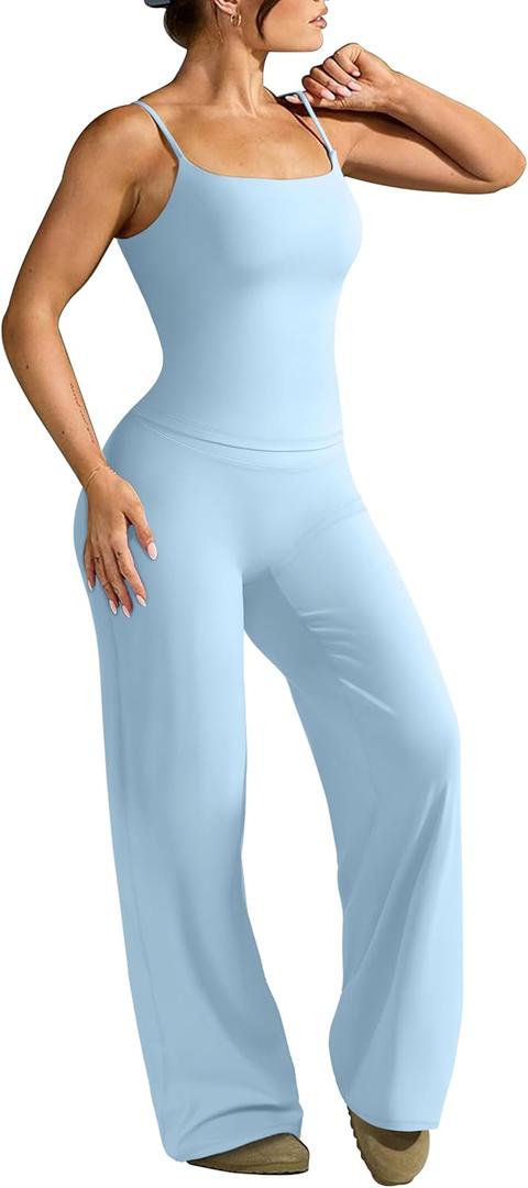 OMKAGI Workout Sets for Women Padded Tank Tops Matching Straight Leg Yoga Outfits (X-Small, Sky Blue)