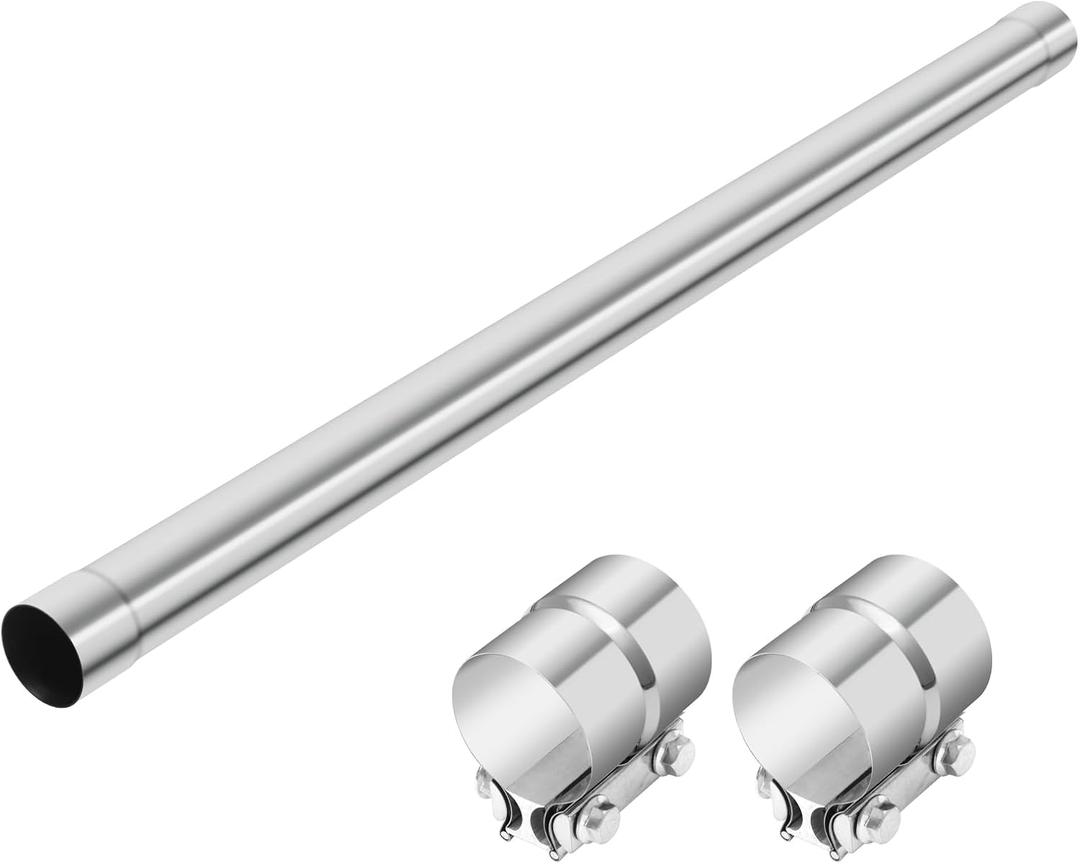LCGP 2.5 Inch Straight Exhaust Pipe, 2.5" Stainless Steel Straight Muffler Replacement Pipe, 48" Length Mandrel Exhaust Tube with Two Lap Joint Band Clamps(New Version)