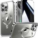 [CD Metal Ring Stand + Built-in Privacy Screen Protector] Magnetic Case for iPhone 15 Pro Max[Soft Bumper Full Signal][Compatible with MagSafe]9H Glass Full Body Shockproof Clear Case,Natural Titanium