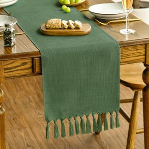 Artoid Mode Dark Green Tassel Table Runner, Linen Blend Rustic Farmhouse Style Kitchen Table Decoration Holiday Wedding Party Dinning Decor 13x90 Inch