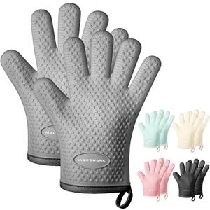 MAD SHARK Silicone Oven Mitts Heat Resistant 450F,Waterproof & Non-Slip Oven Gloves with Fingers,Cotton Lined Silicone Oven Gloves Kitchen Mitts for Baking Cooking Barbecue,Women,Oven (GREY1)