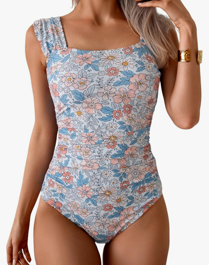 B2prity Womens One Piece Swimsuit Retro Square Neck Tummy Control Bathing Suits Ruched Modest Full Coverage Swimwear xl