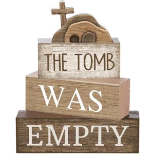Lineshading 4 Pcs Easter Table Decorations Empty Tomb Wooden Block Sign Resurrection Scene Christian Decor with Cross, Vintage Religious Centerpieces for Easter, Home, Church, Faith Gift for Believers