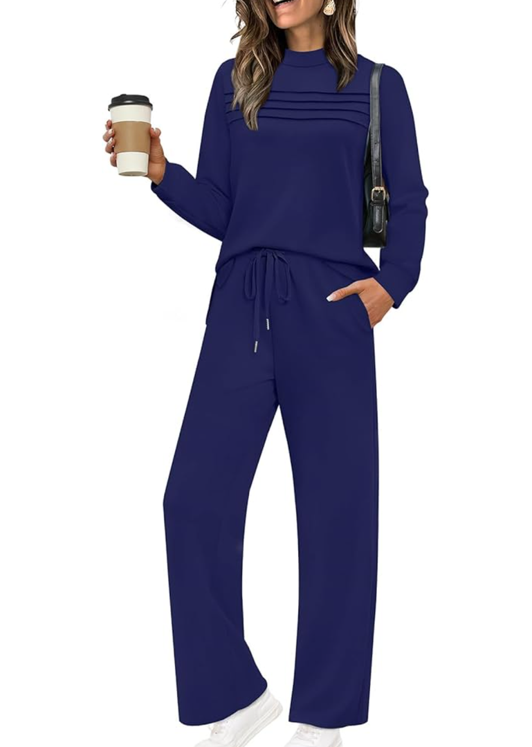 WIHOLL Two Piece Sets for Women Fall Travel Vacation Outfits Long Sleeve Lounge Sets Side Slit Wide Leg Pants 3XL