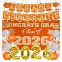 baotongle 2026 Graduation Decorations Themed Set Congrats Grad Backdrop Balloons Banner and Streamers Hanging Swirls Kit for Party Supplies High School College Celebrations(Orange)