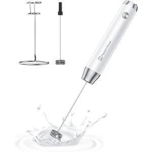 Maestri House Rechargeable Milk Frother with Stand, LunaFro Handheld Electric Foam Maker Waterproof Detachable Stainless Steel Whisk Drink Mixer Foamer for Lattes, Cappuccino (White)