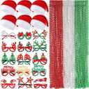 Shappy 60 Pcs Christmas Glitter Glasses Frame Santa Hat Green Silver Red Beaded Necklaces Christmas Photo Props Set Cute Christmas Party Costume Accessories for Xmas Party Holiday Gift